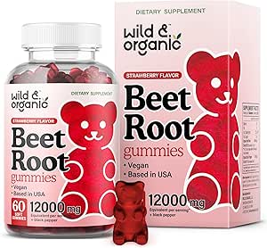 Gommies de racines de betteraves sauvages et biologiques 12000 mg - Suppléments de betteraves rouges pour les femmes et les hommes avec poudre de betteraves - 60 brochettes à base de pectine