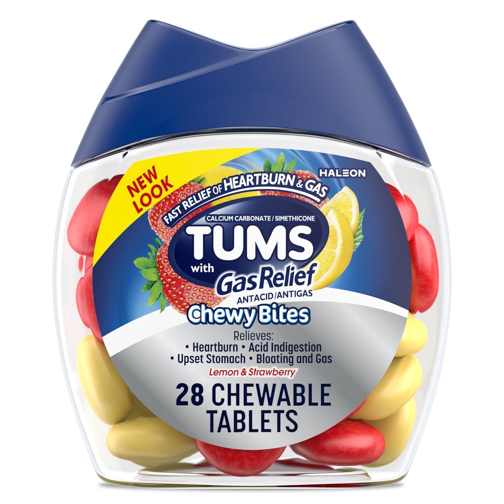 TUMS Chewy Bites Kaubare Antazida Tabletten mit Gas Relief, Zitrone & Erdbeeren - 28 Count
