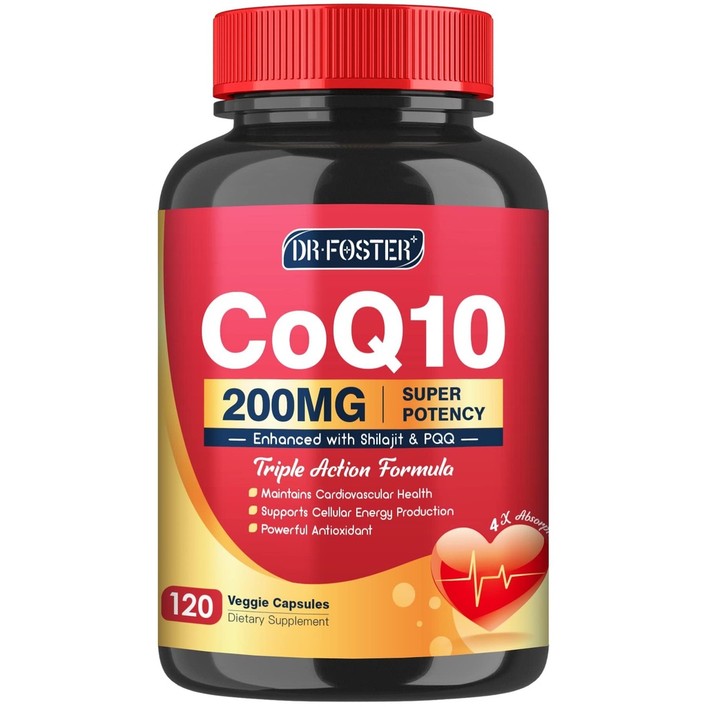 CoQ10 200mg con PQQ & Shilajit - Assorbimento elevato con Bioperine Coenzyme Q10 Integratori - Antiossidante potente per la salute del cuore e la produzione di energia - 120 capsule vegetali