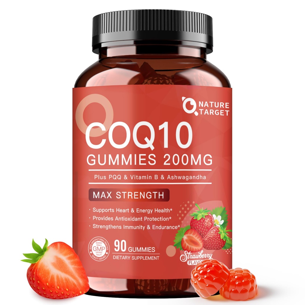 NATURE TARGET CoQ10 Gummies 200mg – Suppléments à haute absorption Coenzyme Q10 pour le coeur, l'énergie et l'antioxydant avec PQQQ, zinc et ashwagandha, fraise, 90 comte