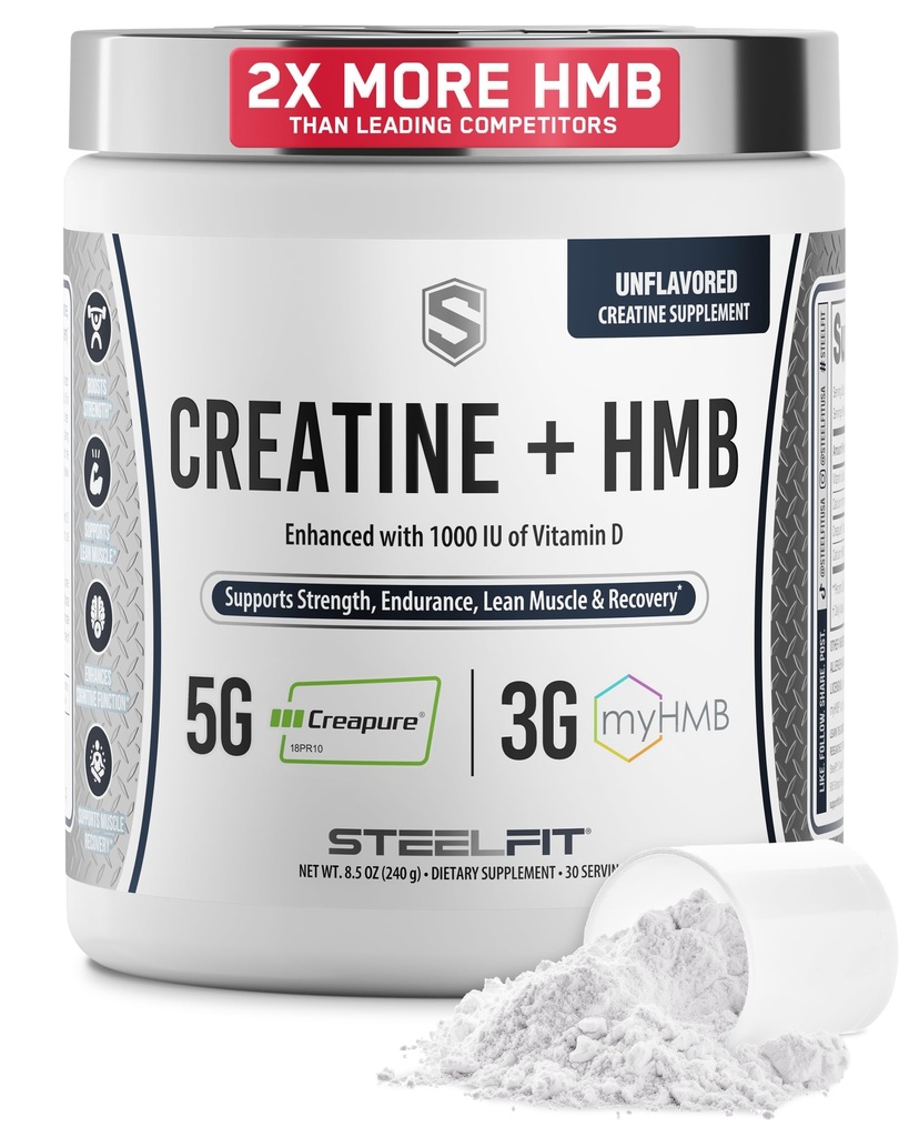 SteelFit Creatine HMB Polvere - 5g Creatina monoidrato polvere, 3g myHMB & 1000 IU vitamina D - Integratore di allenamento Supporta la crescita del muscolo, resistenza, recupero & energia - non aromatizzato, 30 Serve