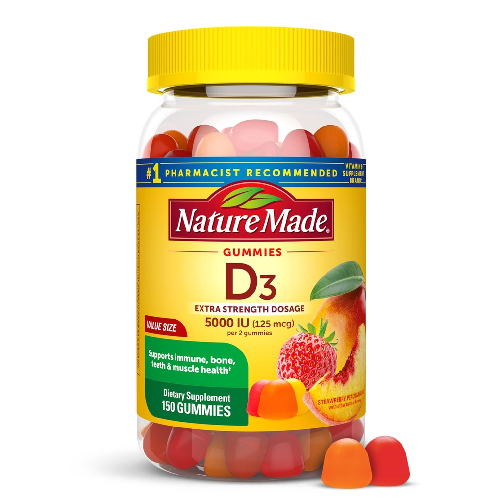 Nature faite Vitamine D3 5000 UI par portion Gommies Extra Strength, Bone and Immune Health Support, 150 Gommies Vitamine D pour adultes, 75 jours d'approvisionnement