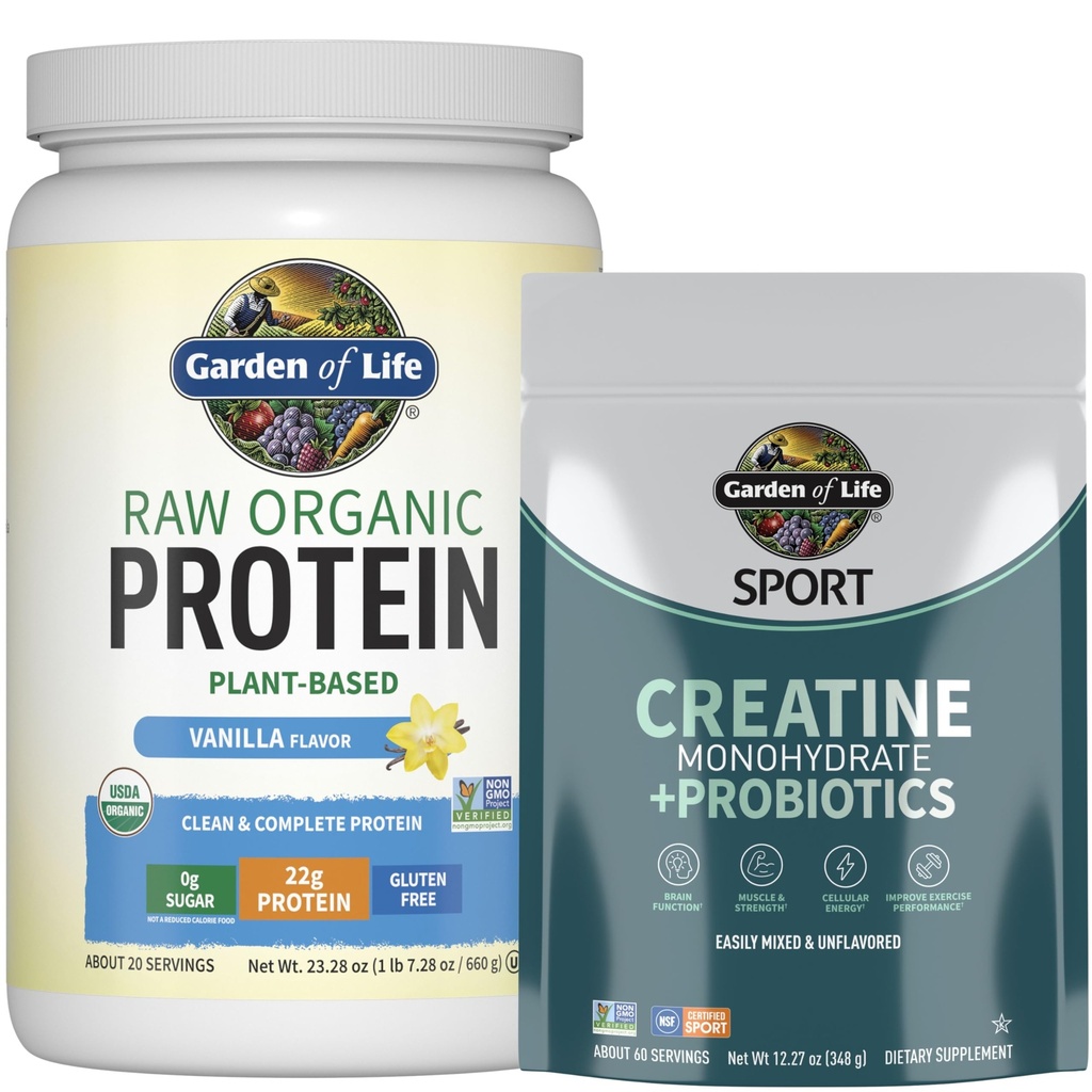 Garden of Life Protein & Creatine Bundle – Vegan Vanilla Protein Powder 20 Serve con BCAA, Probiotici & Enzimi + Creatina Monoidrato Pre Workout 60 Serve per muscolo, resistenza e prestazioni