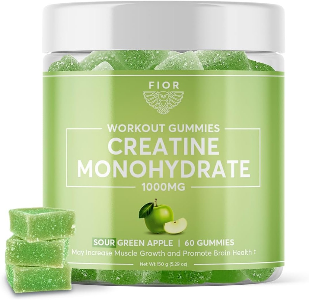 FIOR Creatine Gummy - Meilleur Monohydrate de créatine à croquer, 60 Compte, Supplément d'entraînement et de protéines, Amélioration cognitive, Saveur de pomme verte aigre, 30 portions