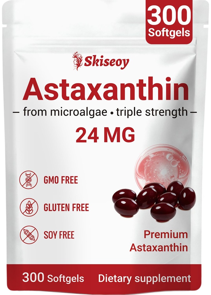 Astaxantina 24mg, Premium Astaxantina Antiossidante Integratori con Olio MCT, Ashwagandha, Supporta Occhio, Pelle, Immune, Circolazione Interna, Fresco Microalgae Fonte, Tripla Forza - 300 Softgels