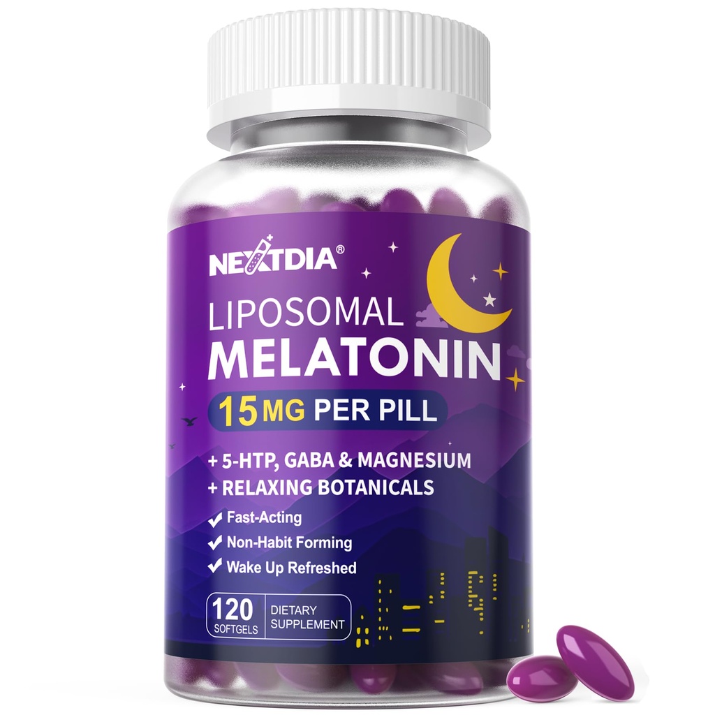 Liposomal Time Release Melatonin + Magnesium Sleep Supplement, Natürliche ruhige Schlafhilfen für Erwachsene, 15mg 30mg Melatonin Extended Release Pills w/ GABA, 5-HTP, Ashwagandha & L-Theanin, 120 Softgels