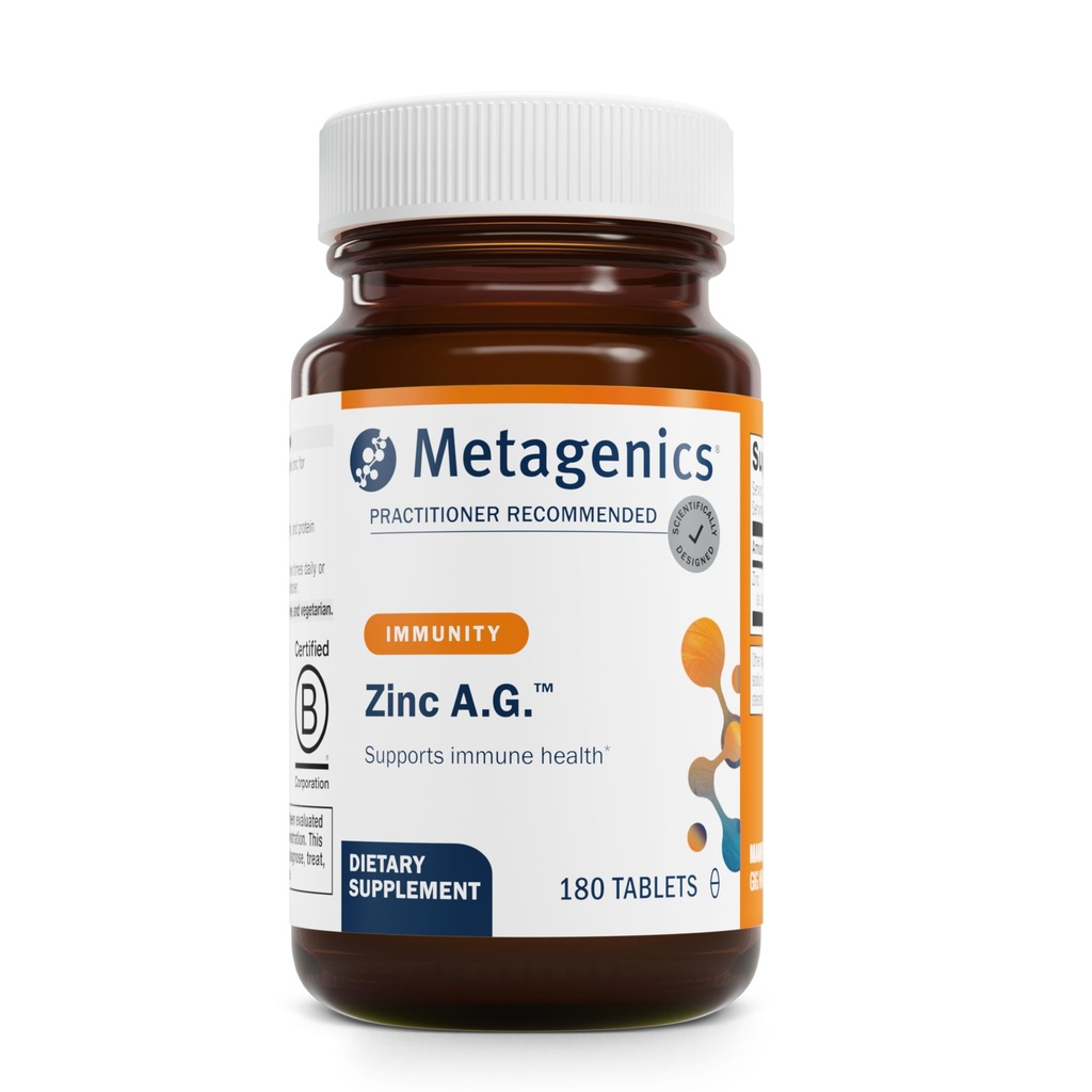 Métagène Zinc A.G. - Zinc hautement absorbant avec des chélates d'Arginine et de Glycine - soutient la fonction immunitaire, la santé osseuse, la peau et l'énergie Métabolisme - Non-OGM et sans gluten - 180 comprimés