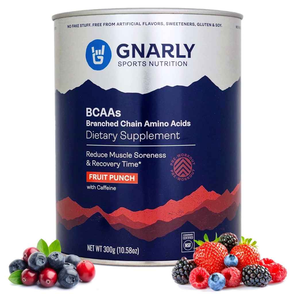 Gnarly Nutrition BCAA Powder, Fruit Punch – Pre-Workout BCAAS Amino Acids – NSF Sport Certified – Ergänzung zur Unterstützung und Rebuild Muskel – Frucht-Punch mit Koffein, 10.58 Unze