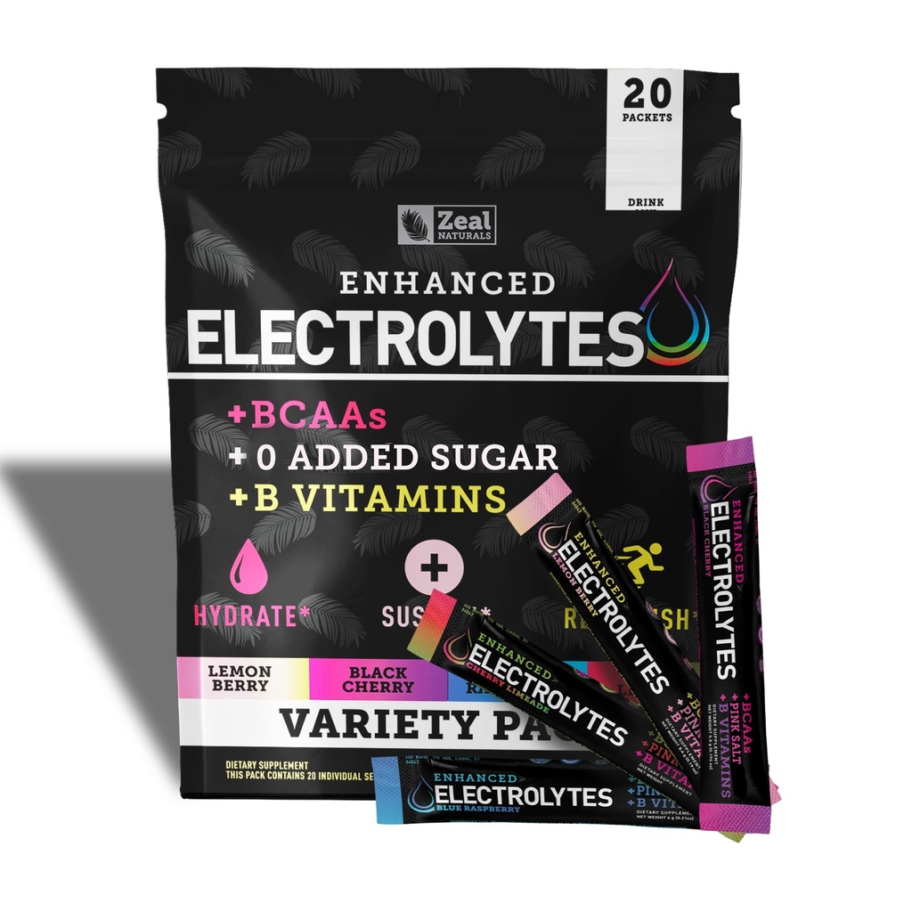 Zeal Naturals Enhanced Electrolyte Powder Stick Packs (Variety Pack - 20 Packets) Sugar Free + BCAA B-Vitamine & Pink Himalayan Salz - Keto Elektrolyte, Hydration Powder