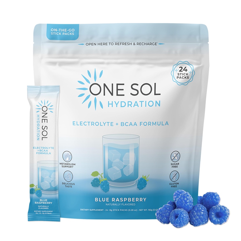 One Sol BCAA & Electrolyte Powder for Hydration & Energy, Formula All-Natural, 100% Vegan, Non OGM, Gluten Free & Soy-Free, promuove la crescita muscolare & Recovery, Natural Blue Raspberry Flavor