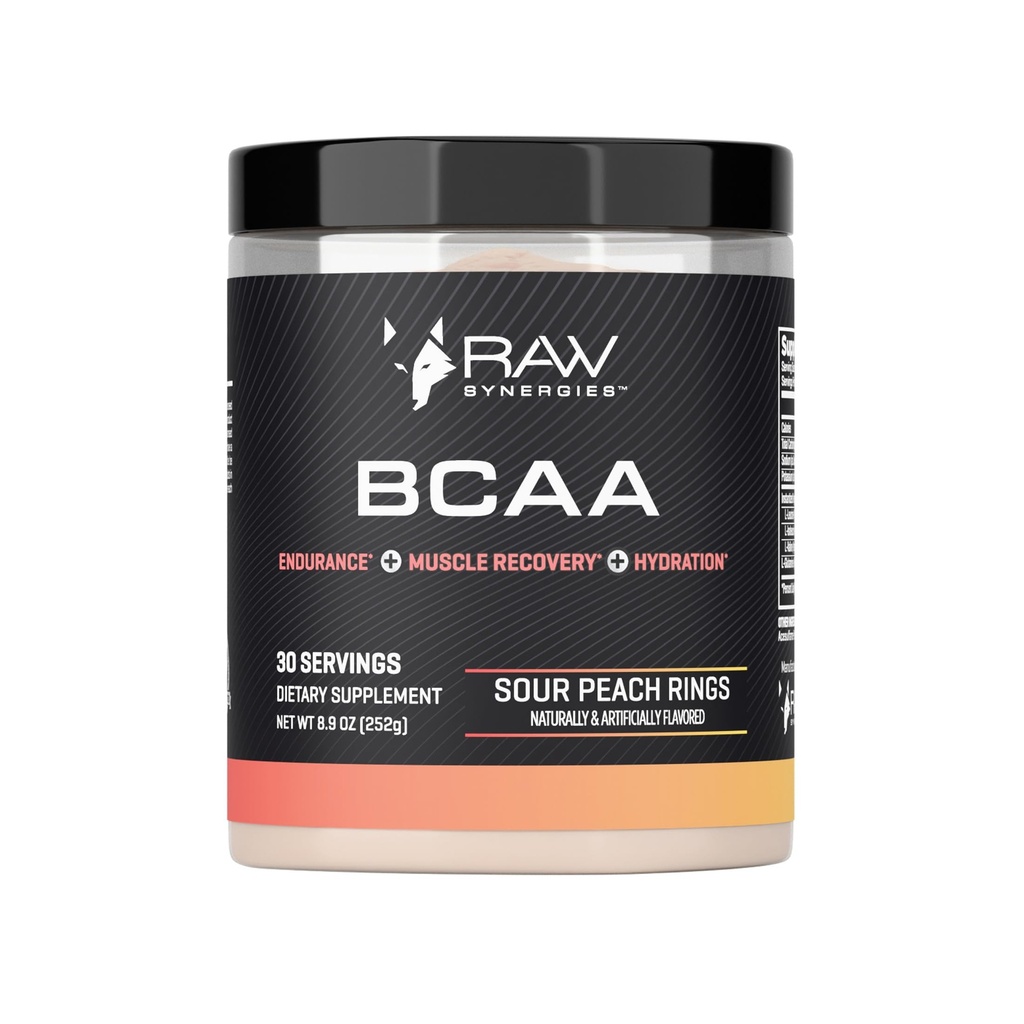 Synergies RAW BCAA Poudre – Vegan 2:1:1 Acides aminés avec L-Glutamine – Récupération musculaire, support d'endurance et d'hydratation – Anneaux de pêche acides, 30 portions