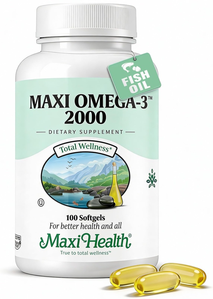 Maxi Health Omega 3 Fischöl 2000mg – Fischöl Omega 3 Ergänzungen mit keinen Fisch Nachgeschmack – Dreifache Stärke EPA DHA – Kosher Omega3 Ergänzung zur Unterstützung Gesamt Wellness (100 Softgels)