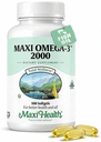 Maxi Health Omega 3 Fischöl 2000mg – Fischöl Omega 3 Ergänzungen mit keinen Fisch Nachgeschmack – Dreifache Stärke EPA DHA – Kosher Omega3 Ergänzung zur Unterstützung Gesamt Wellness (100 Softgels)