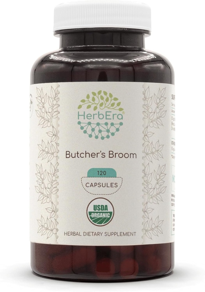 HerbEra Butcher's Broom USDA Organic 120 Capsules de supplément naturel à base de plantes.