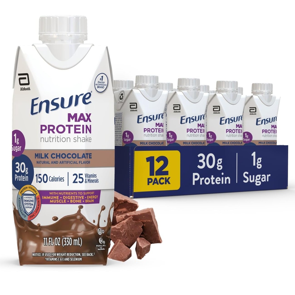 Assicurare Max Protein Shake | Milk Chocolate | Pronto per bere | 30g Protein per la salute del muscolo | 1g Sugar, 4g Fiber | 11 fl oz, 12 Pack