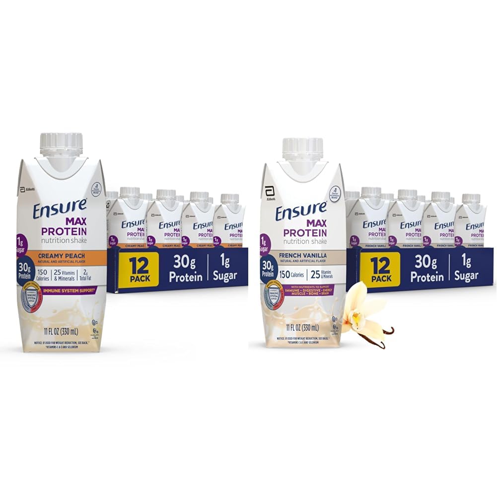 Assurez-vous que Max Protein Nutrition agite avec 30g de protéines, 1g de sucre, haute protéinée agitée, crème pêche et vanille française, liquide, 11 fl oz (paquet de 12)