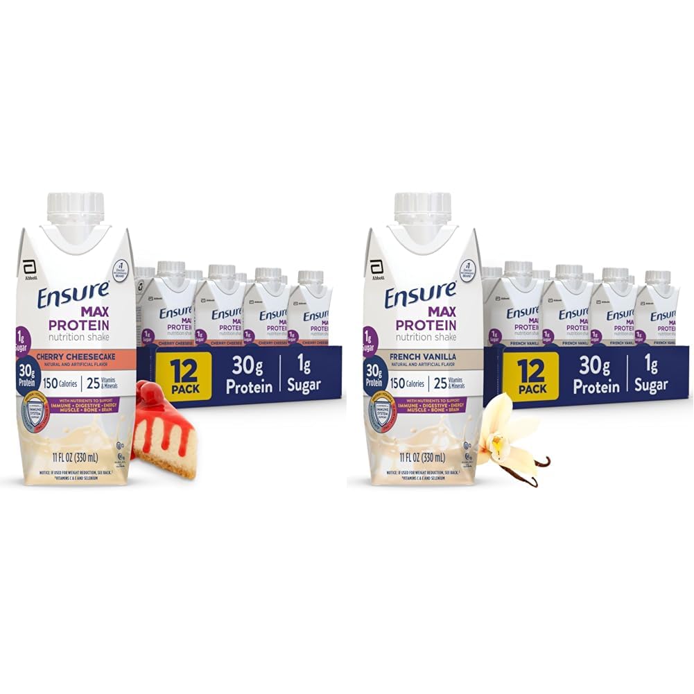 Assurez-vous que Max Protein Nutrition agite avec 30g de protéines, 1g de sucre, haute protéinée agitée, cheesecake cerise et Vanille française, 11 fl oz, pack de 12