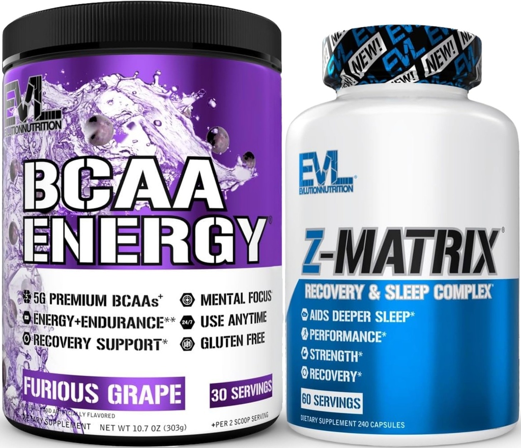 Evluution ZMatrix Supplément de Magnésium et Zinc après l'entraînement (60 portions) Plus la reconstitution BCAAs Amino Acides Poudre pour l'entraînement pré et post (Grape, 30 portions)