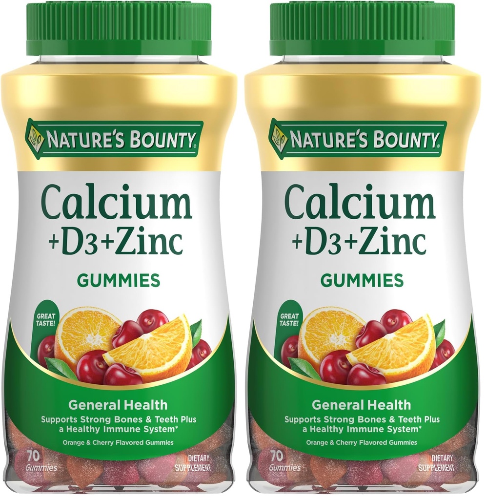 Nature's Bounty Kalzium + D3 + Zink-Gummien, unterstützt starke Knochen & Zähne Plus ein gesundes Immunsystem, 500mg, Orange und Kirsche Flavored, 70 Gummis (Pack von 2)