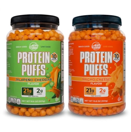 Twin Peaks Protein Puffs Variety Pack (Nacho Cheese & Jalapeño Cheddar) – Keto Friendly, Low Carb Snack (je 300g), 21g Protein, 2g Net Carbs, Crunchy High-Protein Snack