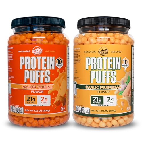 Twin Peaks Low Carb, Keto Friendly Protein Puffs, 1 Jug Knoblauch Parmesan Flavor Puffs + 1 Jug Nacho Käse Flavor Puffs