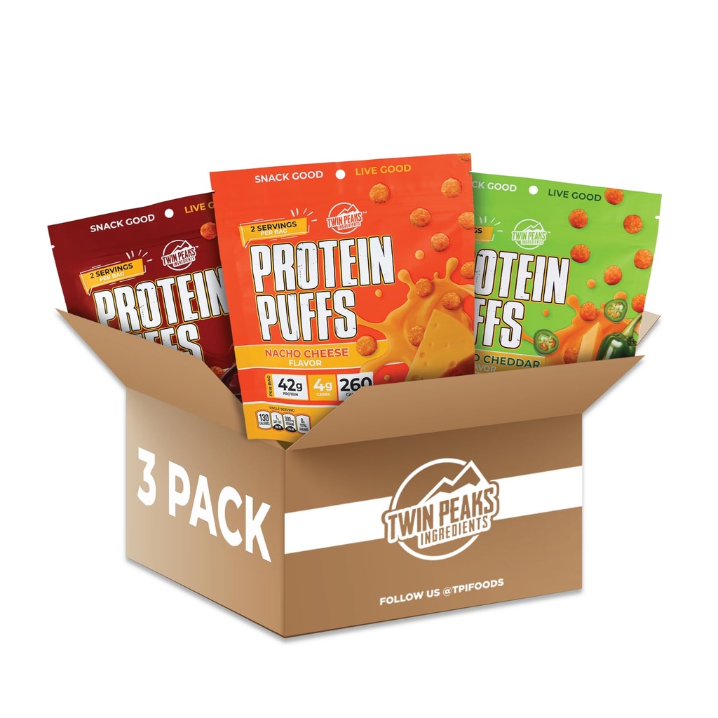 Twin Peaks Zutaten Low Carb, Keto Friendly Protein Puffs, (Variety Pack, 2.1 Ounce), 2 Servierungen, 3 Pack (60g, 42g Protein, 4g Carbs)