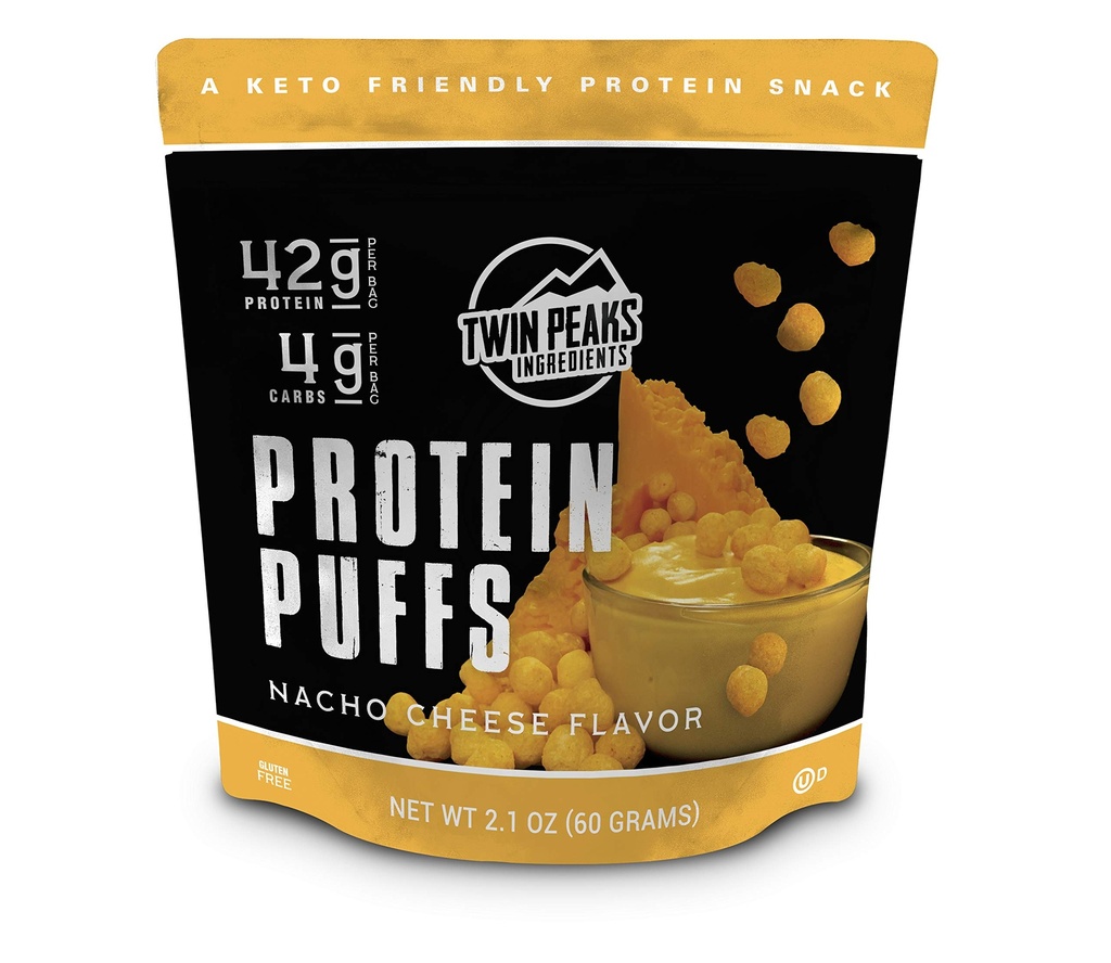 Twin Peaks Faible carb, Puffes protéiniques amies des kétos, 2 portions de fromage Nacho, 3 boîtes (60g, 42g de protéines, 4g de glucides)
