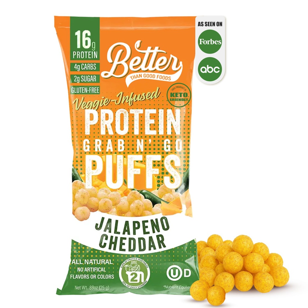 Besser als gut Savory Keto Jalapeno Cheddar Protein Puffs | Glutenfrei -16g Protein, Low Sugar, Low Calorie, Diabetic Friendly Snacks | Low Carb, Healthy Kids Snack | Keine künstlichen Aromen (12-Pack)