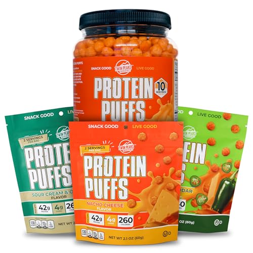 Twin Peaks Low Carb, Keto Friendly Protein Puffs, 3 Taschen von sortierten Flavor Puffs + 1 Jug Nacho Käse Flavor Puffs