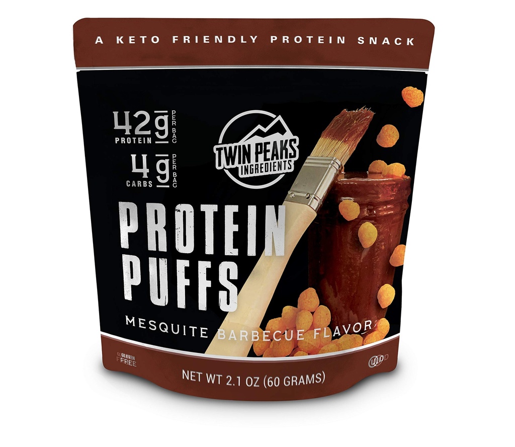 Twin Peaks Basse Carb, Puffs protéiniques sympathiques aux kétos, Barbecue Mesquite 2 portions, 3 paquets (60g, 42g Protéines, 4g Carbs, 120 Cals)