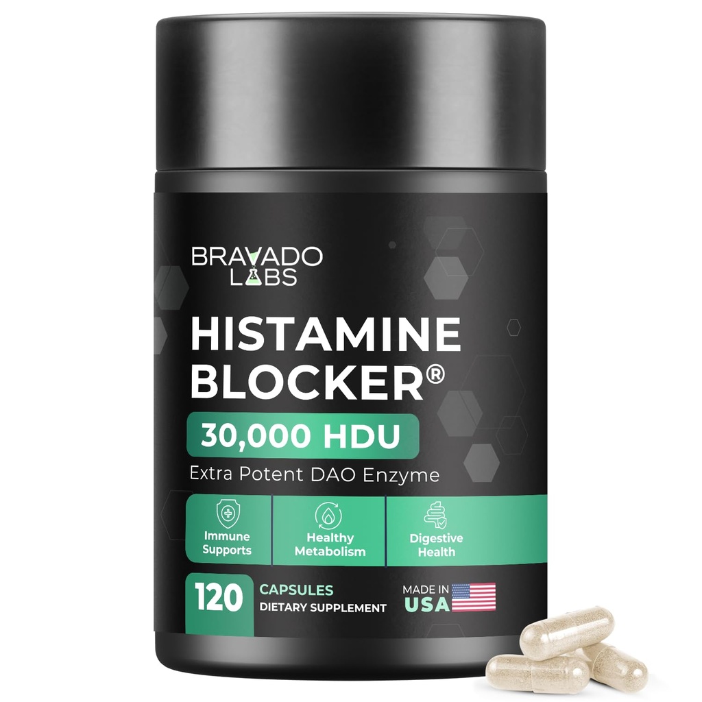 Bravado Labs DAO ergänzt Histamin Blocker - Extra Strength 30.000 HDU DAO Enzyme + Diamine Oxidase & Vitamin C für Daily Histamin Stoffwechsel & Immununterstützung - 120ct