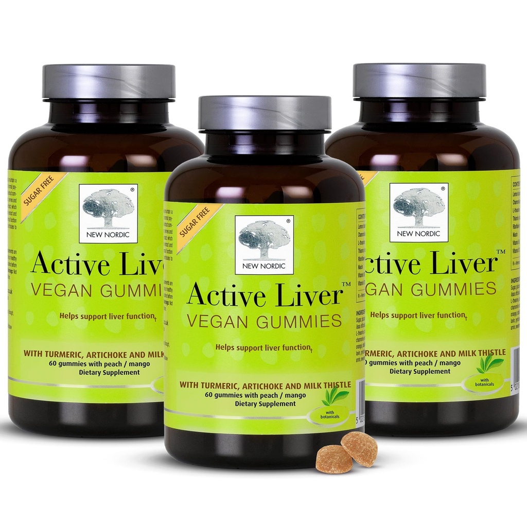 New Nordic Active Liver Gummies, Latte Thistle, Carchoke & Turmeric Supplement, Natural Peach & Mango Flavor, Sugar Free & Vegan, 60 Count (Pack of 3)