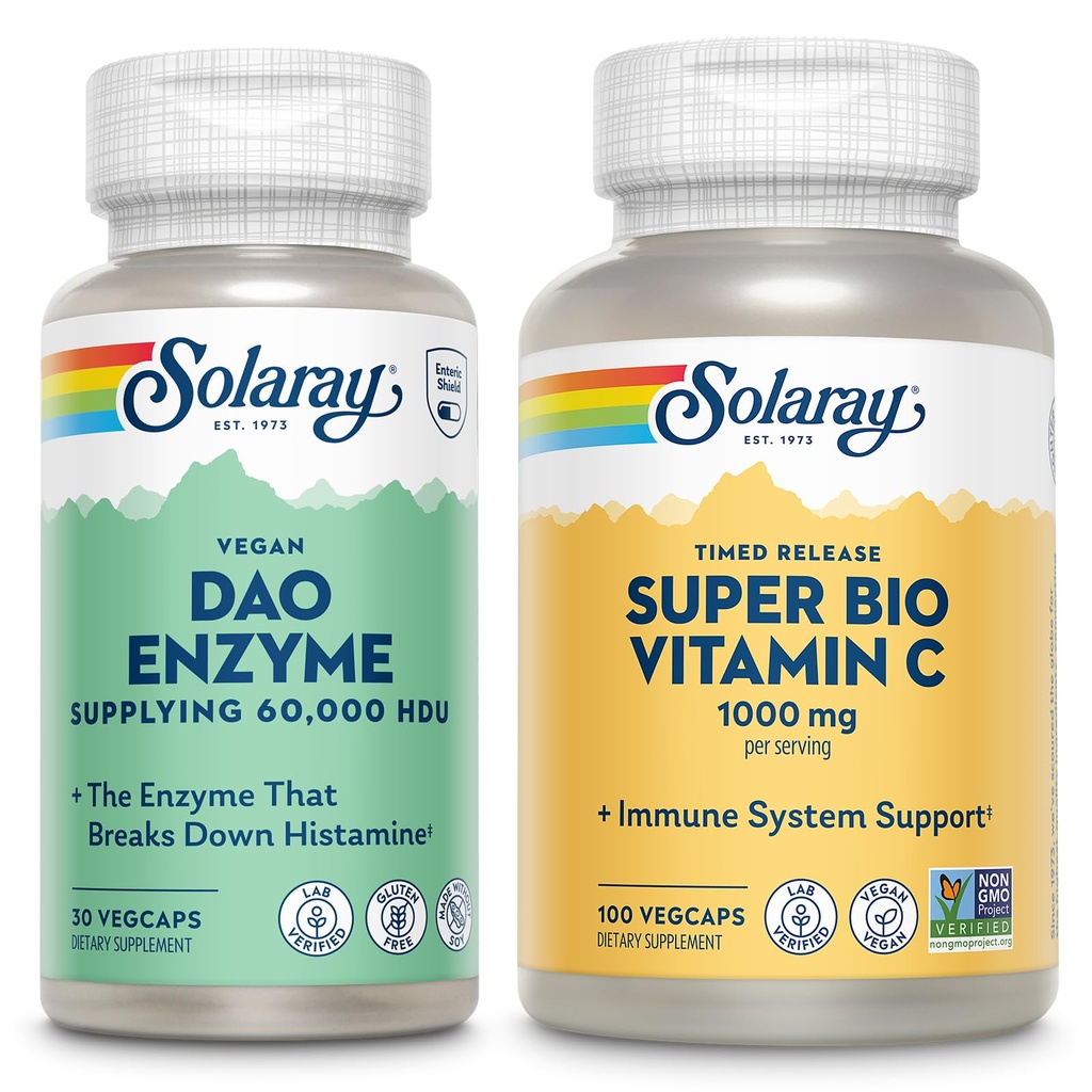 SOLARAY DAO Enzyme et Super Bio Vitamine C 1000mg - Enzymes digestifs pour briser l'histamine - Sortie chronométrée VIT C avec/Bioflavonoïdes Supplément de soutien immunitaire, Vegan, Garantie de 60 jours, 30/50 portions