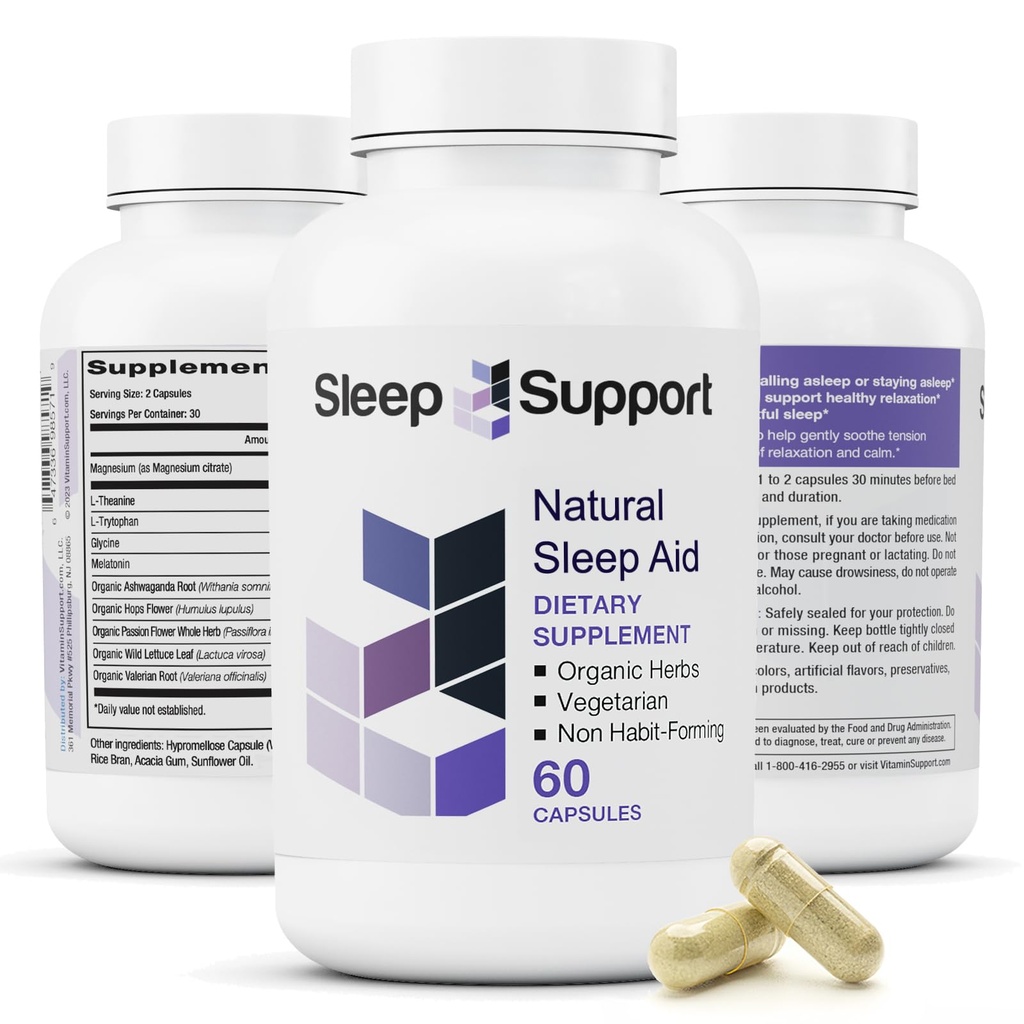 SleepSupport - Natural Sleep Aid for Adults to Help Promote Calm and Relaxation - Organic Sleep Supplement mit Ashwagandha, Valerian Root, Magnesium, Melatonin, Glycine, L-Tryptophan - 60 Kapseln