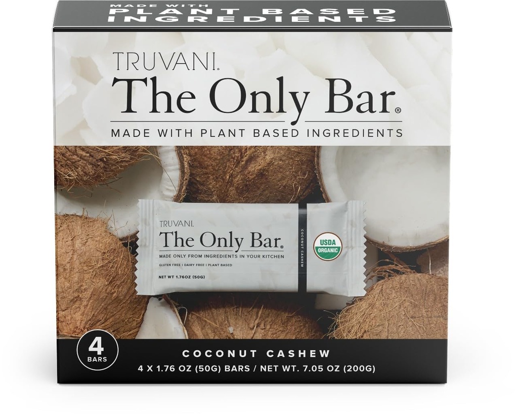 Truvani Plant Based Snack Bars | Coconut Cashew 4 Pack | 5g Protein | USDA Organic and Vegan | The Only Bar | Dairy, Soy e Gluten Free | Individually Wrapped