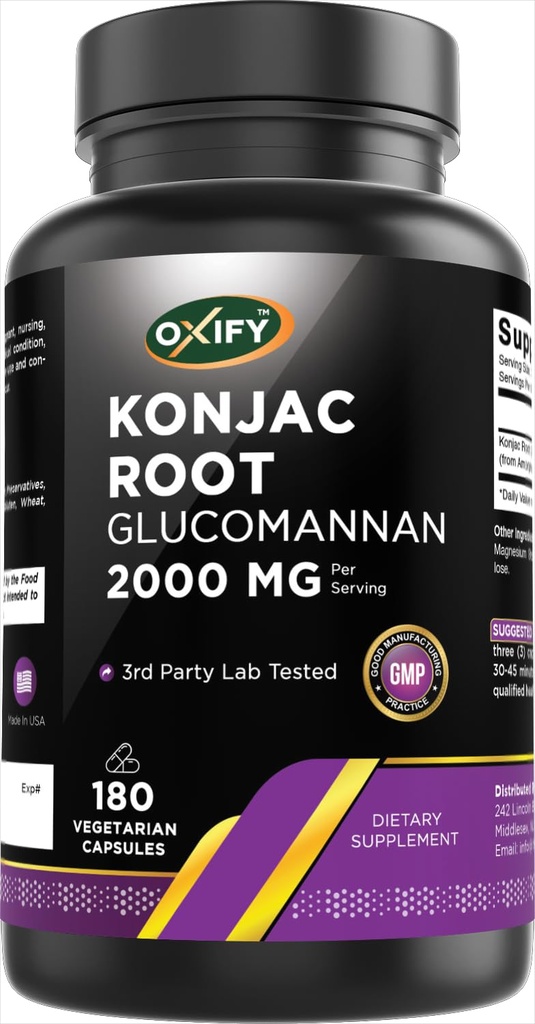 Oxify Konjac Root Glucomannan 2000 mg | 180 capsule vegetariane | Gluten-Free, Non OGM | Supplemento Made in USA