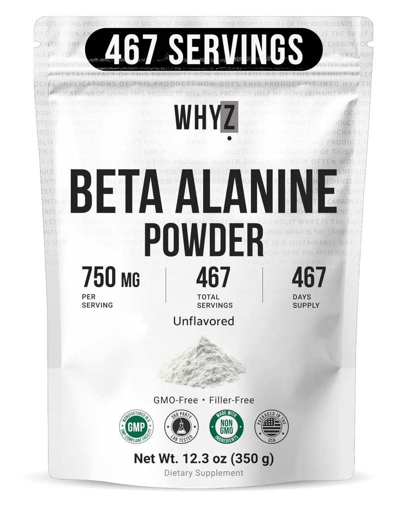 WHYZ Beta Alanine Polvere Pure Beta Alanine Pre-Workout Supplemento per l'energia prolungata per gli uomini e le donne, Alanine Supplemento per la resistenza, 467 Serve, 350g (12.3 lb)