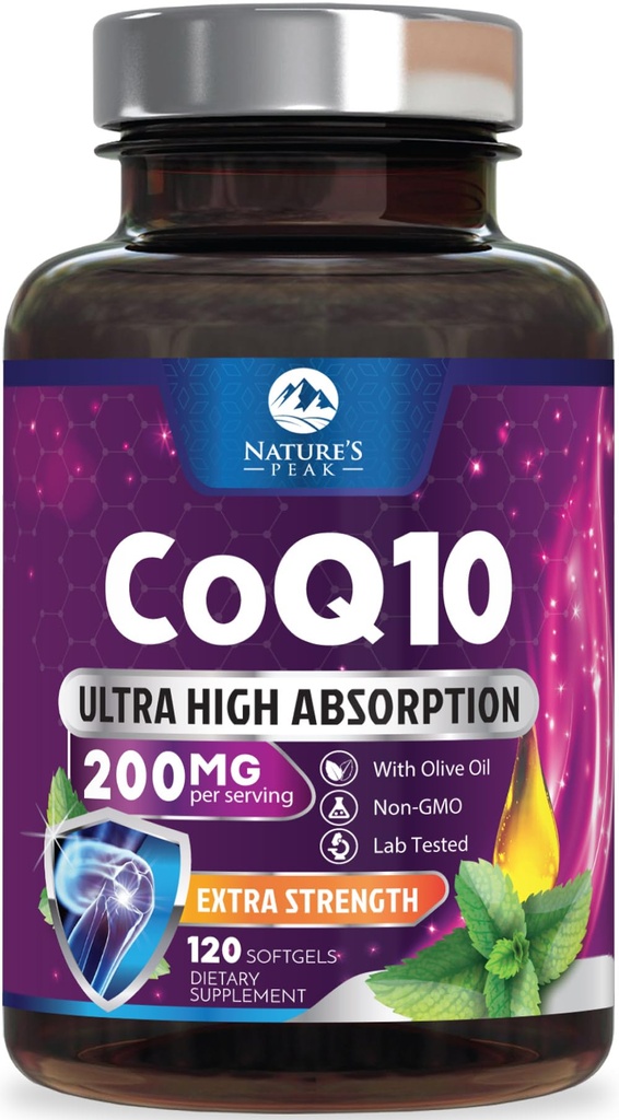 CoQ10 Softgels - Ultra High Absorption Coenzym Q10 200mg Per Serving - Co Q 10 Softgel Supplement mit schwarzem Pfeffer, Energy & Heart Support Antioxidans - für Damen & Herren, Bottled USA - 120 Softgels