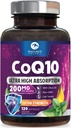 CoQ10 Softgels - Ultra High Absorption Coenzym Q10 200mg Per Serving - Co Q 10 Softgel Supplement mit schwarzem Pfeffer, Energy & Heart Support Antioxidans - für Damen & Herren, Bottled USA - 120 Softgels