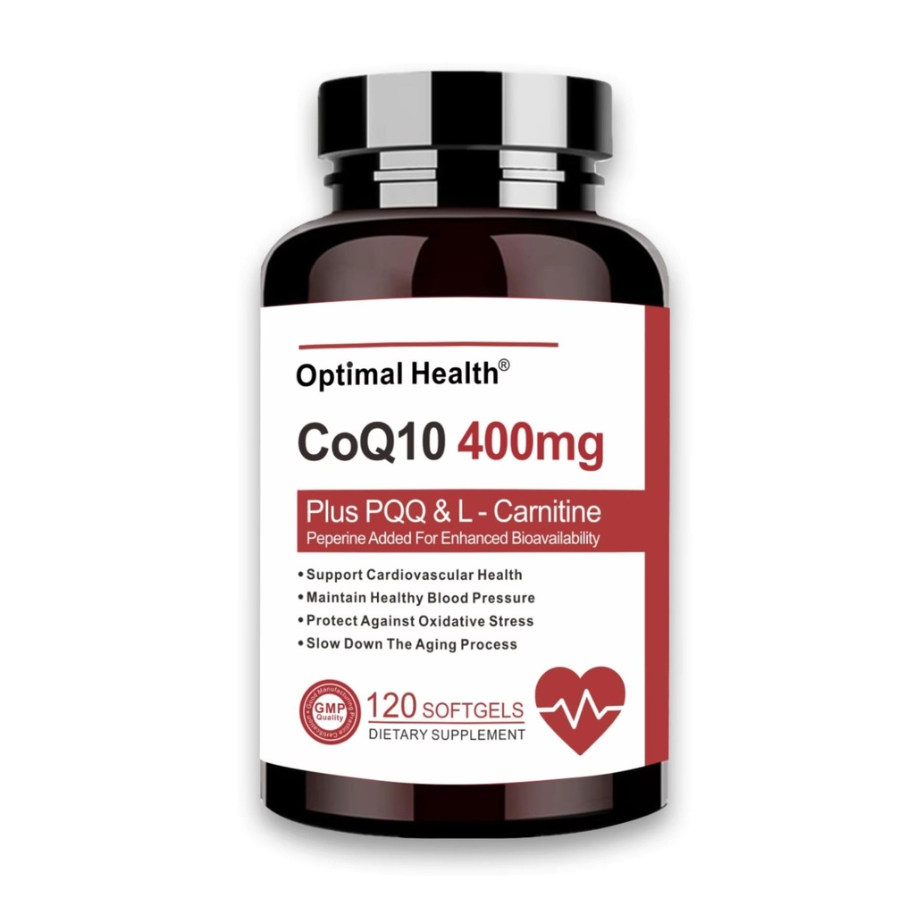 CoQ10 400mg Softgels, BioPerine pour une meilleure absorption + L-Carnitine, PQQ & Omega3, Antioxydant pour la santé cardiaque et la production d'énergie, Coenzyme Q10 Vitamines et suppléments, 120 portions