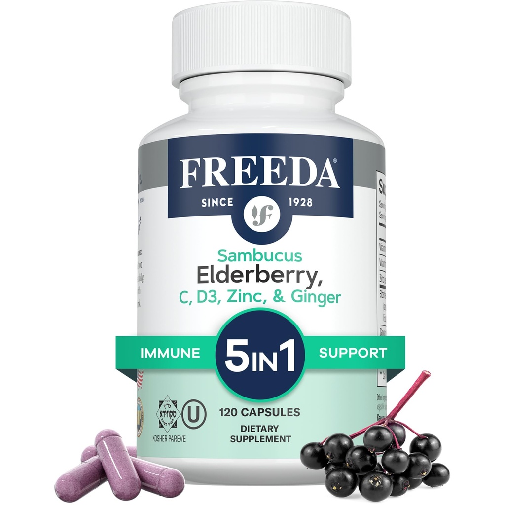 FREEDA Sambucus Elderberry with Vitamin C, Zinc, Vitamin D3 & Ginger - 5 in 1 Herbal Antioxidant Immune Support Supplement for Women & Men - Gluten Free Adult Elderberry Capsules, USA Made (120 Count)