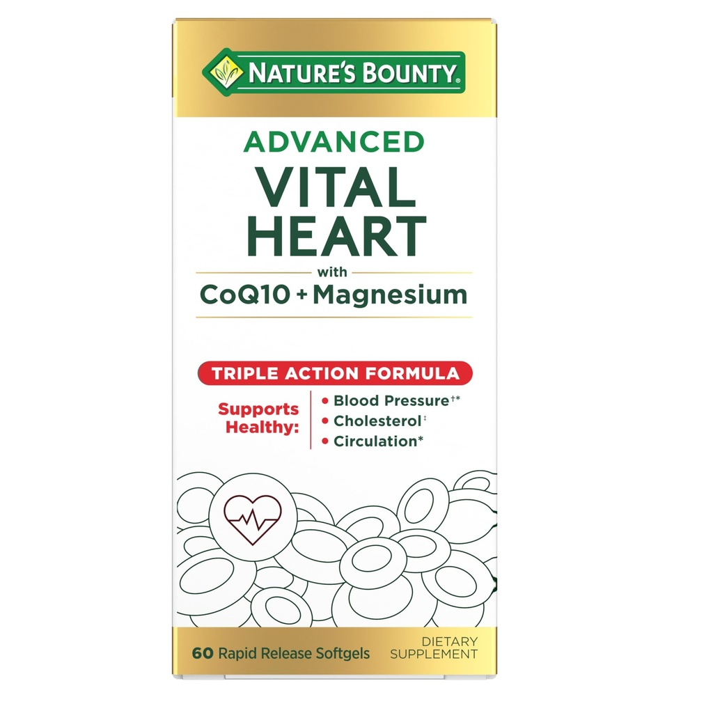 Nature’s Bounty Advanced Vital Heart mit CoQ10 + Magnesium, Antioxidant, Unterstützt gesunden Blutdruck, Cholesterin, Zirkulation, Dreifache Aktion Formel, CoQ10, Magnesium Supplement, 60 Softgels