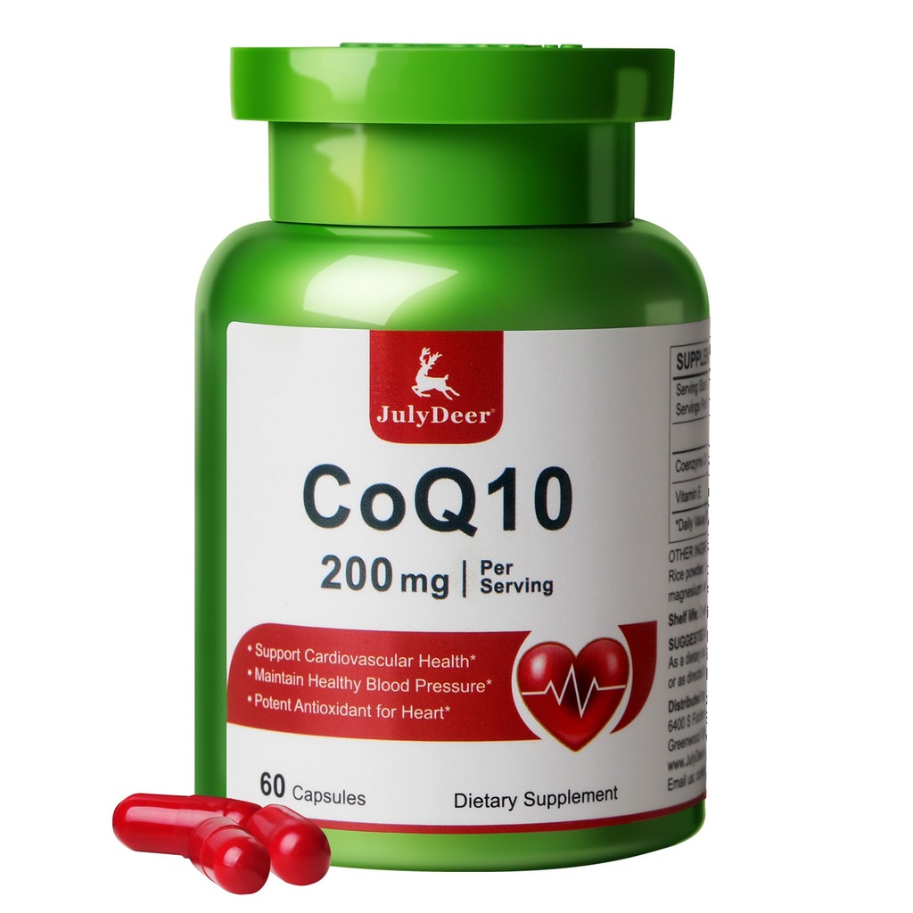 JuliDeer CoQ10 200mg mit Vitamin E 20mg, hohe Absorption Antioxidans Coenzym Q10 Unterstützung für Herz, Energie, Gesamtgesundheitsergänzung 60 Kapseln