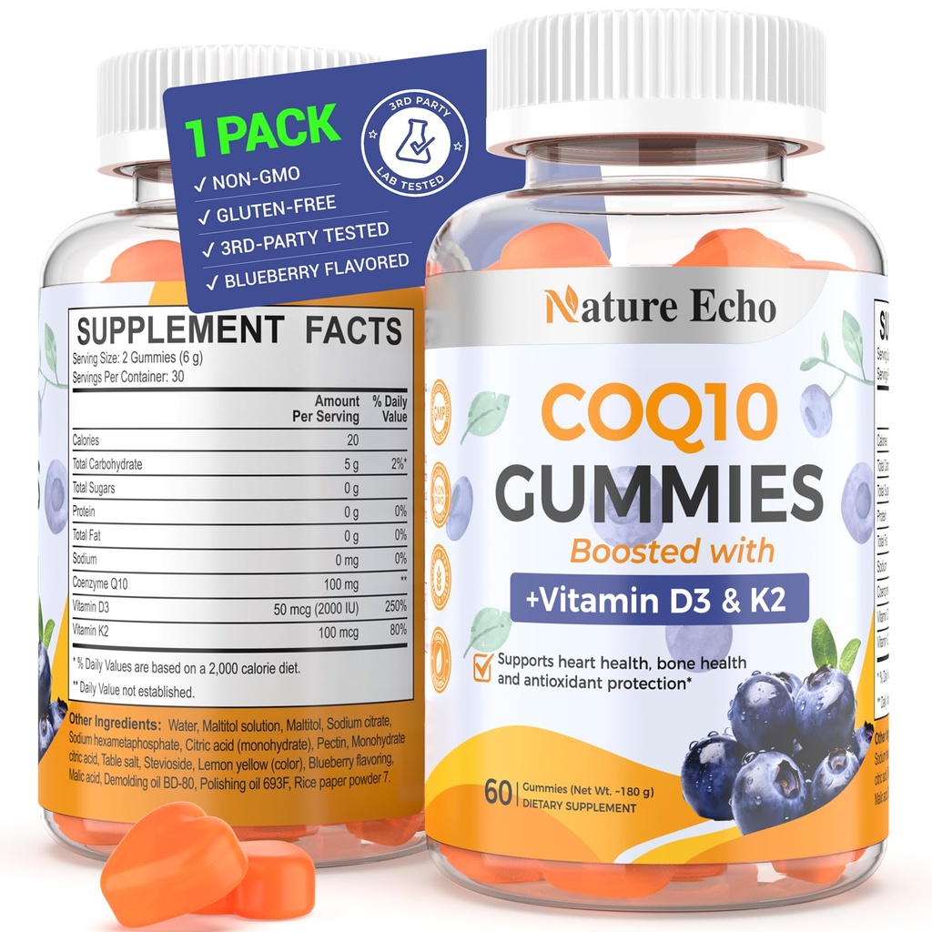 Nature Echo® CoQ10 Gummies 100mg, supplément CoQ10 avec vitamine D3 et K2, supplément Coenzyme Q10 Blueberry Flavor, sans sucre, santé cardiaque, os et antioxydant, végétalien, non-OGM 60 Gummies