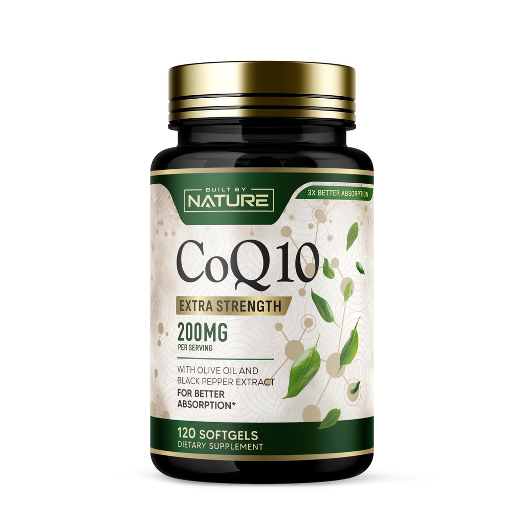 Erbaut von Nature CoQ10 200 mg – Coenzym Q10 mit Olivenöl und schwarzem Pfeffer für hohe Absorption – Unterstützt Herzgesundheit & Energie – Antioxidans Supplement– 2 Monate Versorgung, 120 Softgels