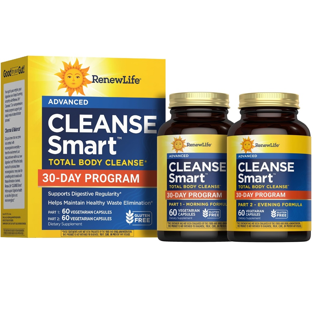 Renew Life Cleanse Smart Advanced Total Body Program, 2-Part Detox Cleanse promuove la regolarità digestiva e supporta l'eliminazione dei rifiuti, la miscela di erbe con magnesio, soia e senza glutine, 120 Count