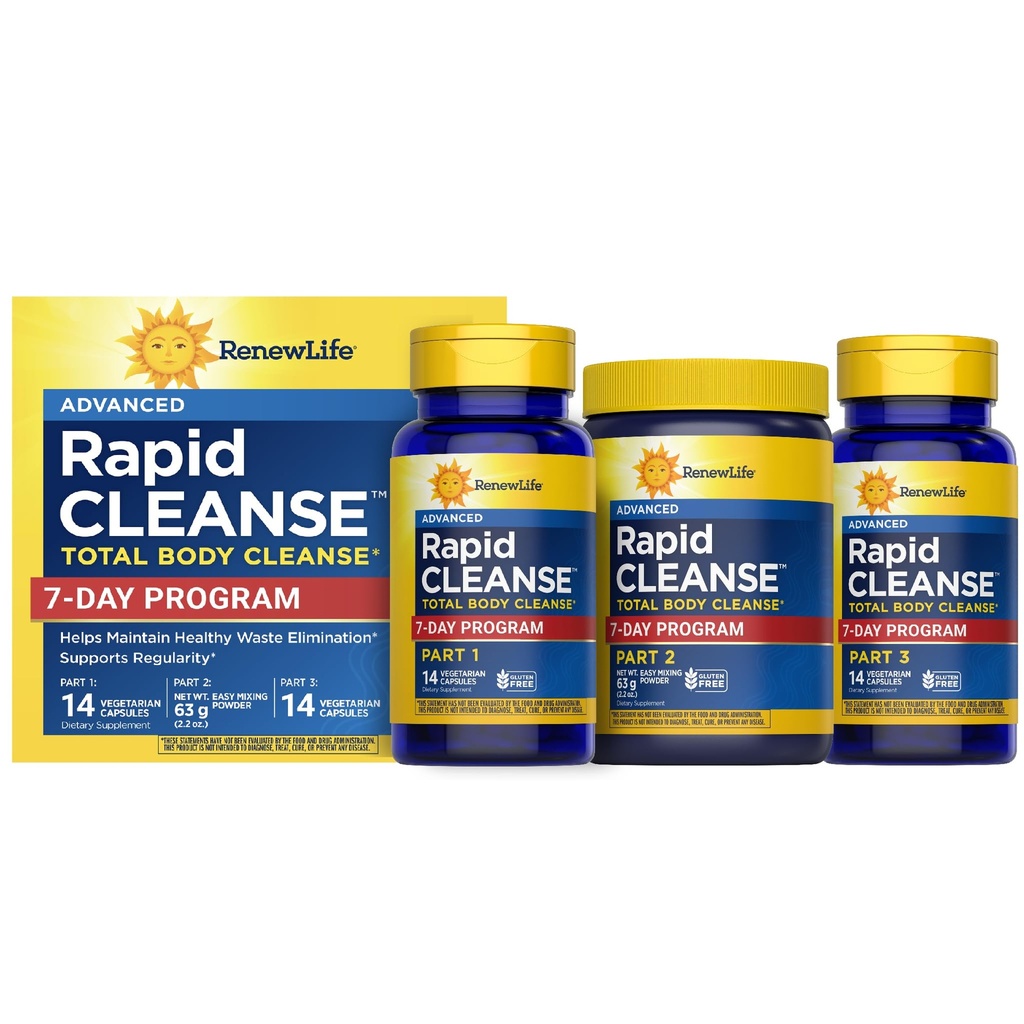 Renew Life Adult Cleanse - 7-Day Rapid Total Body Cleanse for Men & Women - 3-Part, 7-Day Program - Gluten, Dairy & Soy Free - 28 Capsule Vegetariani + 2.2 Ounce Powder Formula (Packaging May Vary)