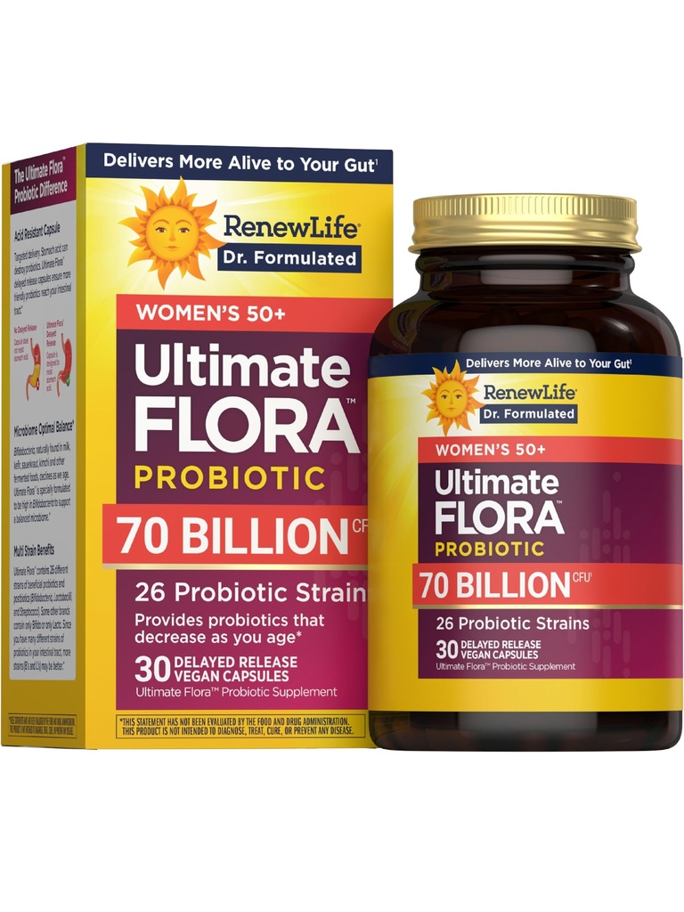 Renew Life Ultimate Flora Probiotics for Women 50+ 70 Billion CFU Delayed Release Vegan Capsules | Vaginal | Salute Digestiva | Salute Immune | Dairy Free | 30 Count