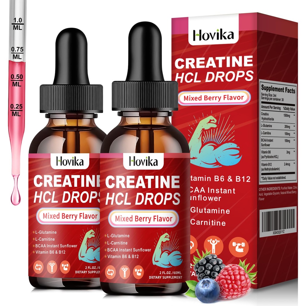 Kreatin HCL Flüssige Tropfen für Männer & Frauen, Kreatinhydrochlorid mit L-Carnitin, L-Glutamin, BCAA, Vitamin B12 & B6 für Muskelwachstum & Erholung-Vegan, Gemischte Beeren Geschmack Geschmack, 4 Fl Oz