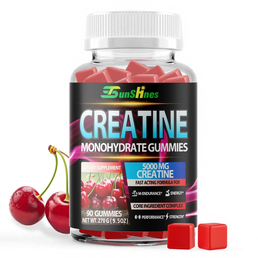 Creatina Monoidrato Gummies 5g (5000mg), Creatina senza zucchero, Energia pre-allenamento, Veg, Non OGM, per uomini e donne - 90 Conte Cherry Flavor